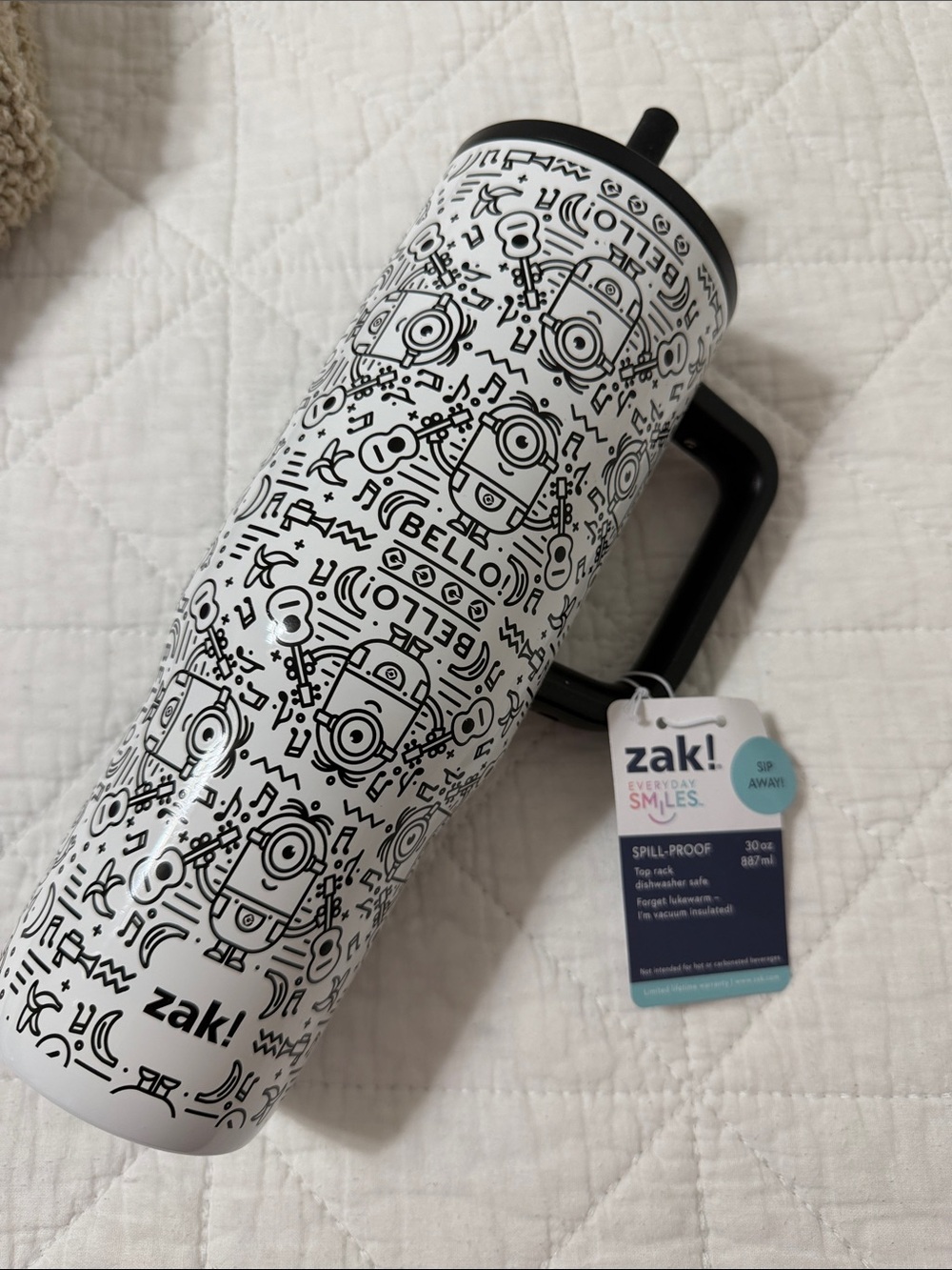Aldi Zak! White & Black Graphic Travel Tumbler with Handle - Minions